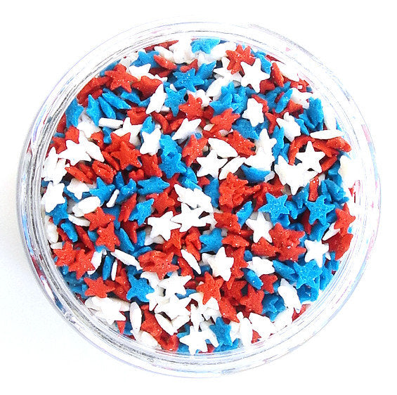 Mini Red,White and Blue Star Sprinkles-Mini shaped Red White & Blue Quins can be used to decorate your cakes, and cookies.