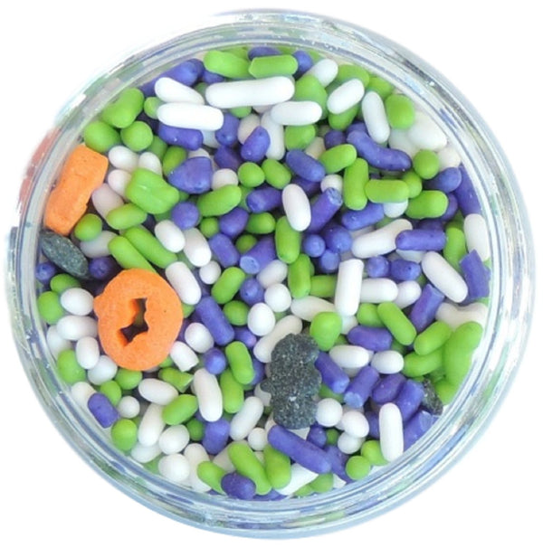 Fright Night Sprinkle Mix-Comes in an assortment of pumpkin and bat sprinkles and white, purple and green jimmies.