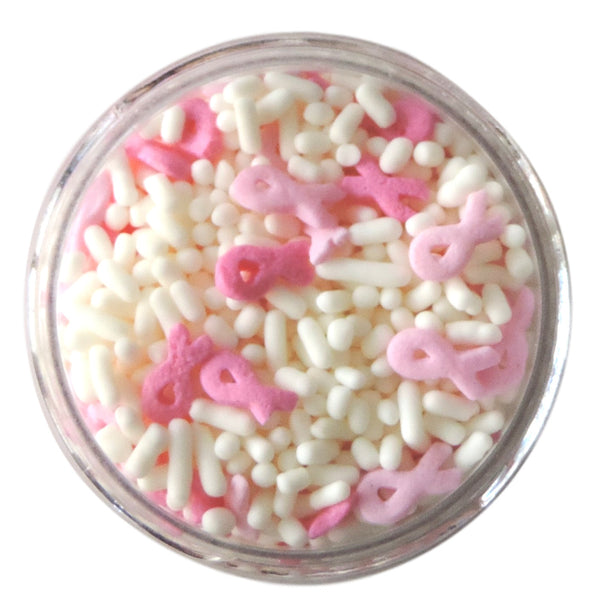 Pink Ribbon Sprinkle Mix-Comes in an assortment of white jimmies and pink ribbon shaped sprinkles.