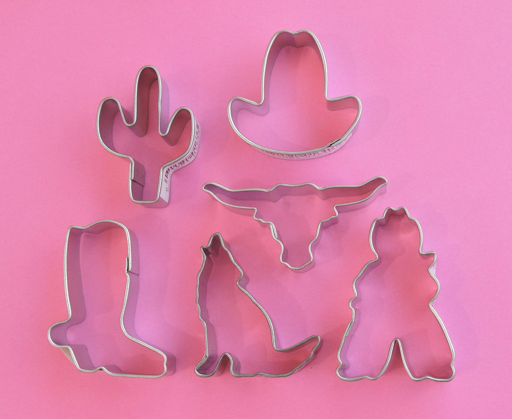 Wild West Mini Cookie Cutter Set-Set includes cactus, cowboy, cowboy hat, cowboy boot, coyote, and steer.