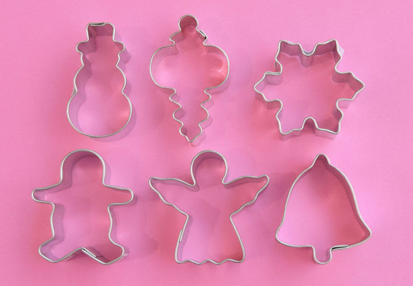 Christmas Mini Cookie Cutter Set-Set includes angel, gingerbread man, snowman, bell, snowflake and fancy ornament.