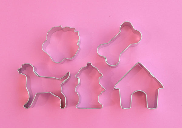 Happy Hound Mini Cookie Cutter Set -Set includes dog, dog house, fire hydrant, bone, and paw.