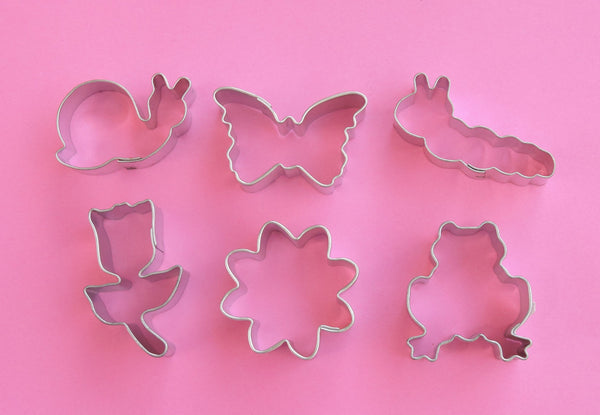 Garden Mini Cookie Cutter Set-Set includes daisy, tulip, snail, caterpillar, frog and butterfly.