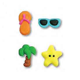 Beach Edible Royal Icing Assortment-Comes packaged in a set of 12, 3 flip flops, 3 sunglasses, 3 suns and 3 tropical trees.
