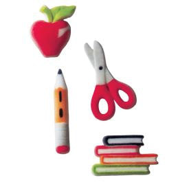 School Sugar Dec Ons-Adorable shapes packaged in a set of 8, 2 of each: books, apples, pencils, and scissors.