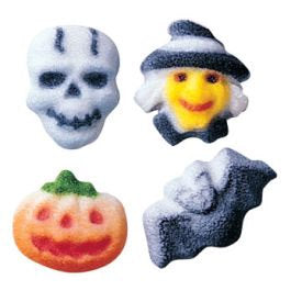 Halloween Charms Assorted Edible Sugar Dec Ons-Comes in a set of 16 Assorted designs, 4 each; witch, bat, pumpkin, and skull.