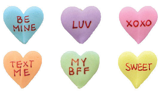 Royal Icing Conversation Hearts-Set of 12 assorted royal icing hearts are perfect on valentine treats.
