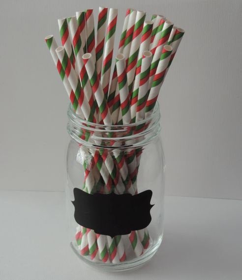 Red and Green Stripped Paper Straws