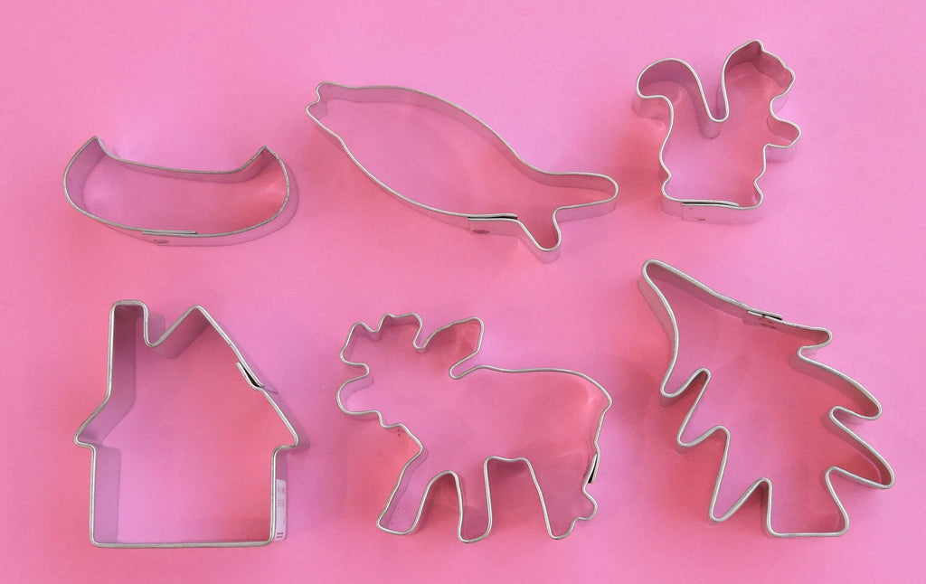 Wilderness Mini Cookie Cutter Set-Set includes moose, cabin, squirrel, fish, pine tree, and canoe.