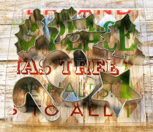 Holiday Fun Mini Cookie Cutter Set-Set includes mitten, candy cane, holly, tree, star, and reindeer.