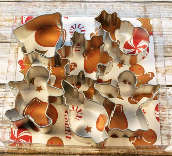 Christmas Mini Cookie Cutter Set-Set includes angel, gingerbread man, snowman, bell, snowflake and fancy ornament.