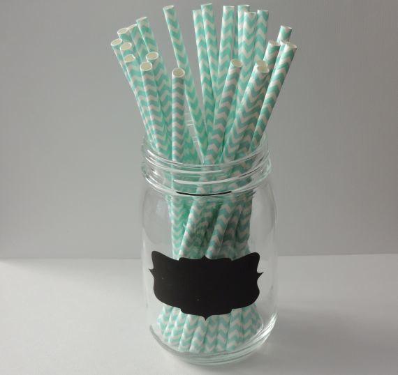 Aqua Chevron Paper Straws